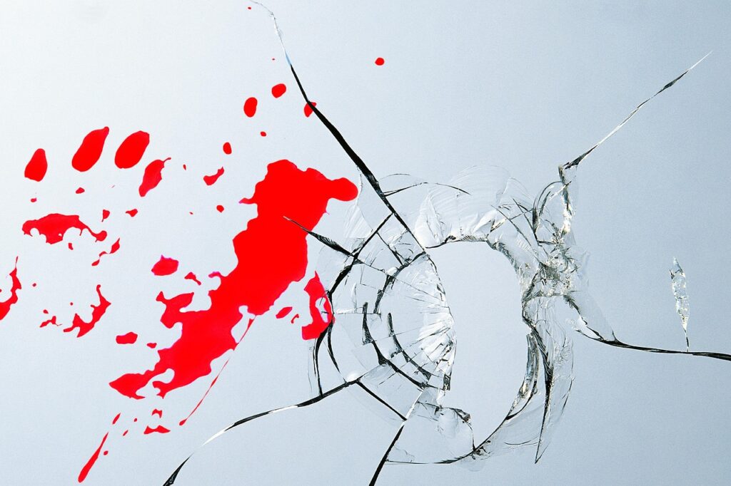 burglary, glass, injury, crime, disc, glass pane, window, shot, bullet hole, blood splatter, handprint, thriller, fear, mafia